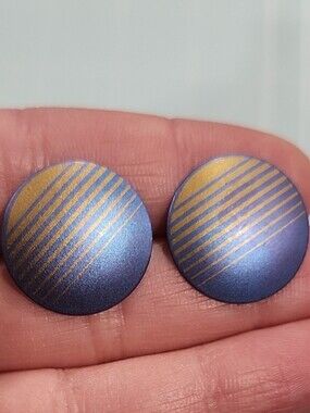 Jody Coyote 1980s Round Blue and Gold Striped Circle niobium Earrings